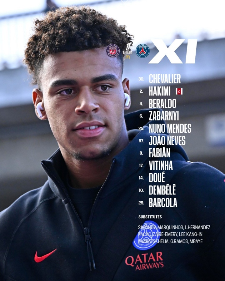 开云-爱游戏-巴黎阵容揭晓：登贝莱与维蒂尼亚首发，K77、马尔基尼奥斯待命替补